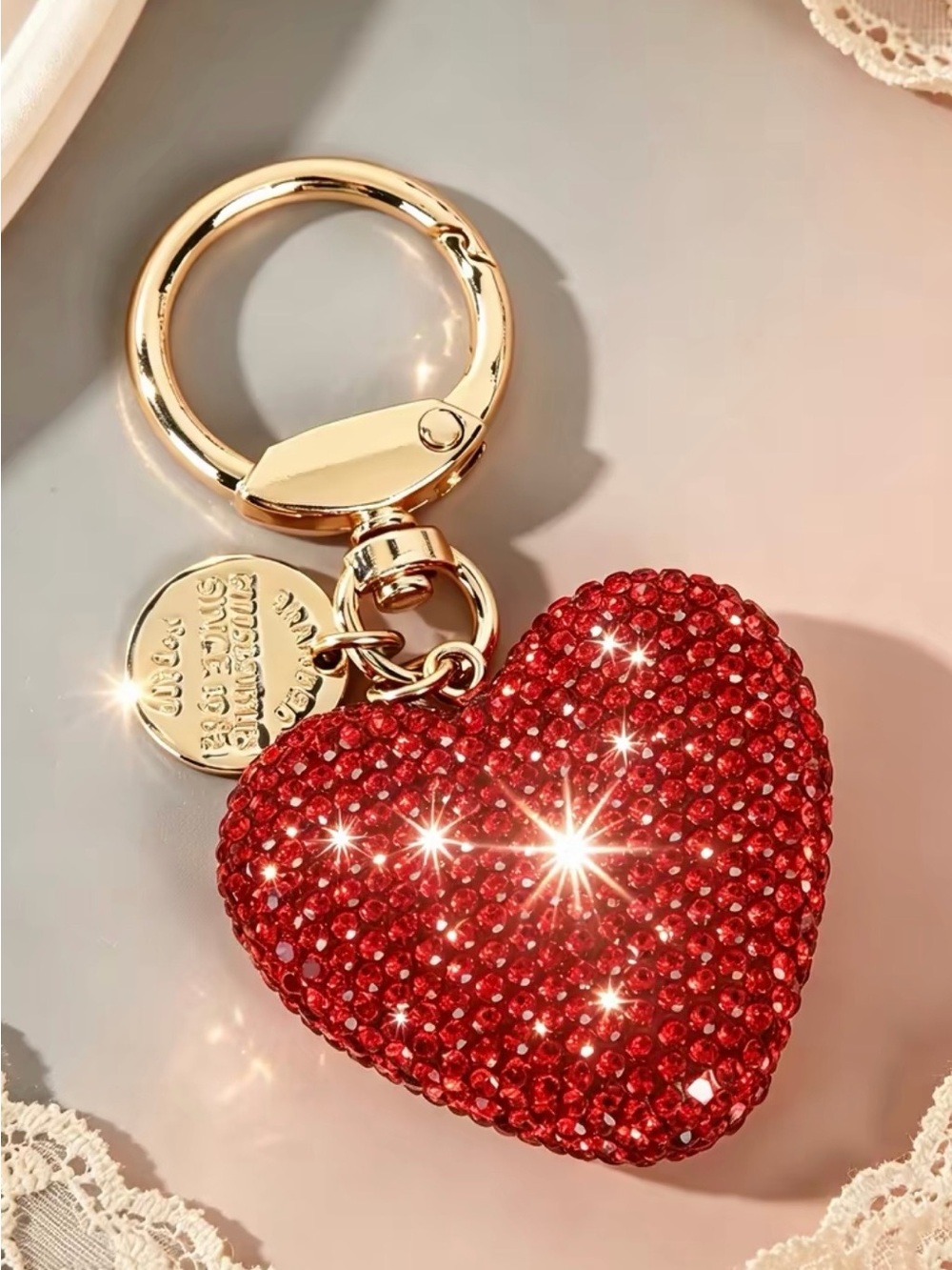 Gold Keychain with Red Crystal Heart Charm
